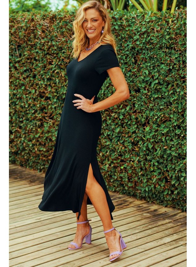 Vestido Tubinho Midi Social Malha Vestido Tubinho Canelado Midi